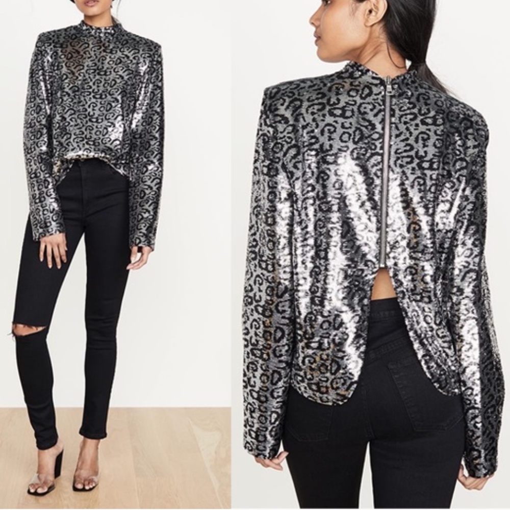 RtA Freddie Long-Sleeve Shoulder-Pad Sequin Top XS
